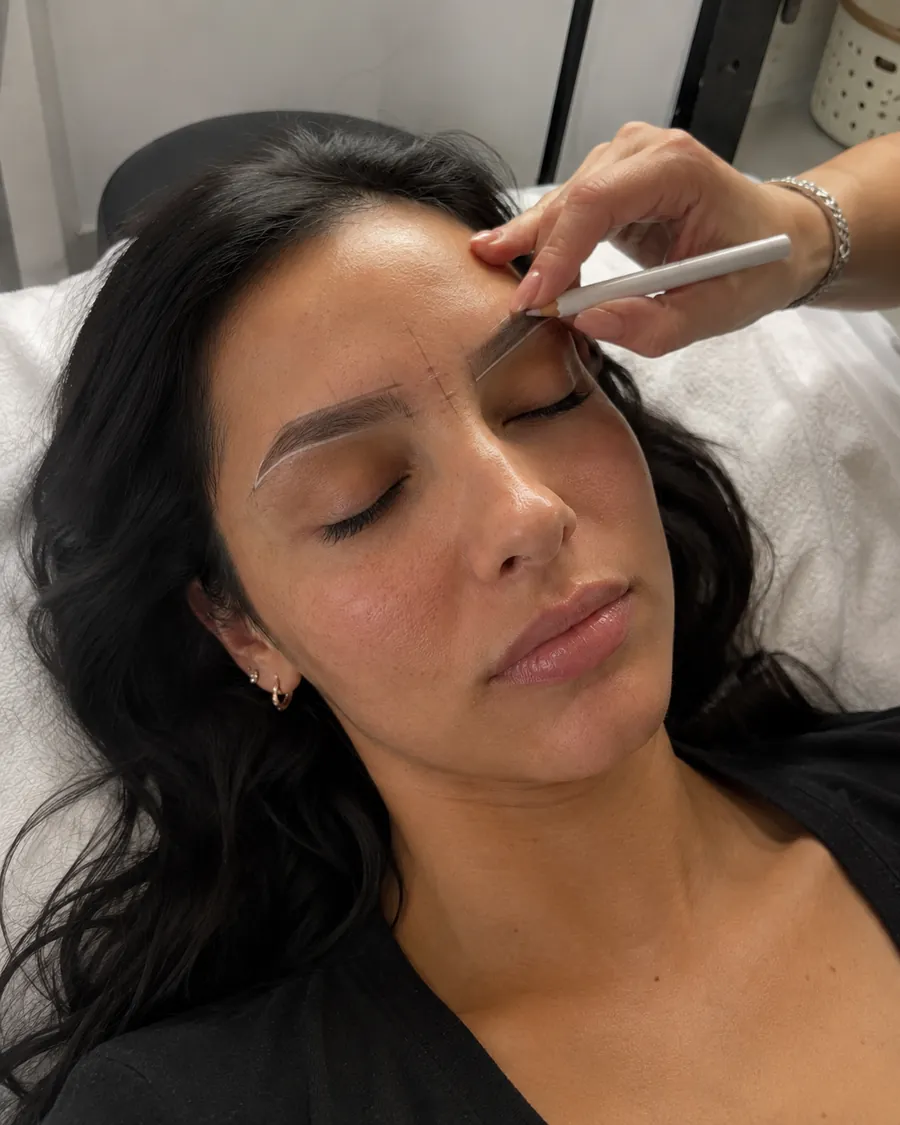 Martina Giuntoli studia la forma delle sopracciglia prima del trucco permanente